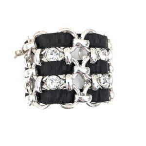 Betsey Johnson Vintage Silver Tone Black Ribbon Chain Woven Cuff Bracelet